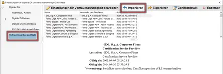 Ansicht Einstellungen für digitale IDs und vertrauenswürdige Zertifikate
