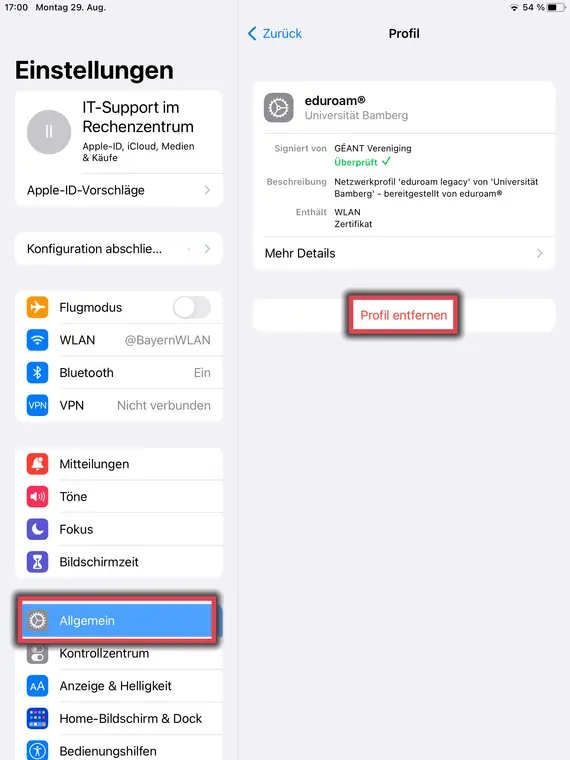 Dialog Profil in den Einstellungen von iPadOS mit dem Profil "eduroam" und markierter Schaltfläche