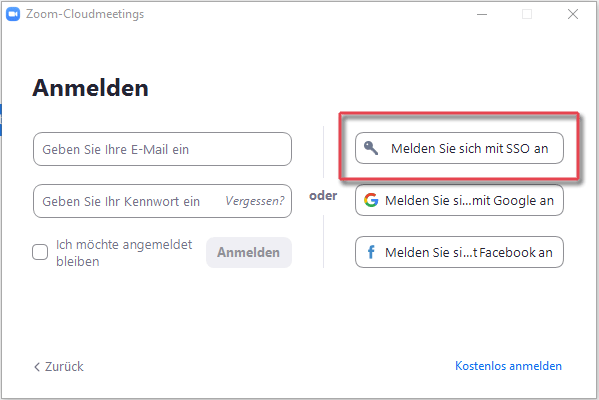 Markierte Schaltfläche am Zoom Client zur Anmeldung mit SSO an Zoom