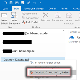 Outlook-Datendatei schließen über das Untermenü