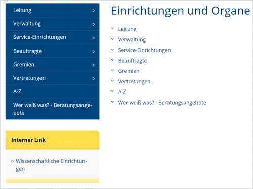 Darstellung der linksseitigen Navigation auf www.uni-bamberg.de