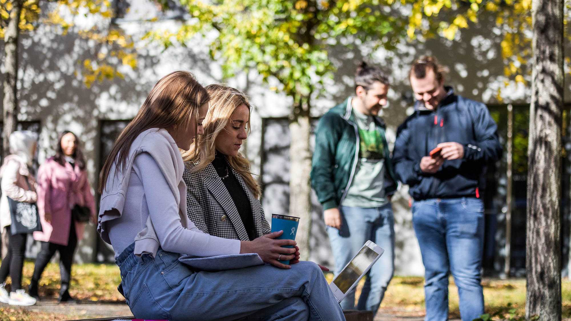 Studierende sitzen vor dem Feki-Gebäude und schauen gemeinsam in einen Laptop