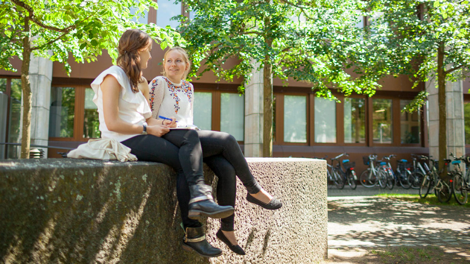 Studierende sitzen vor dem Feki-Gebäude und unterhalten sich